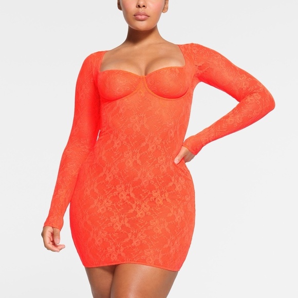 NWT!! SKIMS Stretch Lace Underwire Long Sleeve Dress Sunset Limited Edition XS - Picture 1 of 16